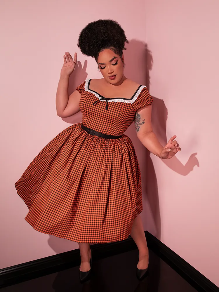Bardot Beauty Swing Dress in Orange Pumpkin Gingham - Vixen by Micheline Pitt