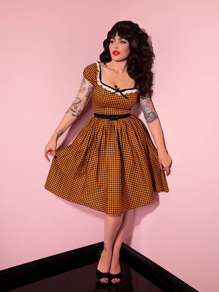 Bardot Beauty Swing Dress in Orange Pumpkin Gingham - Vixen by Micheline Pitt