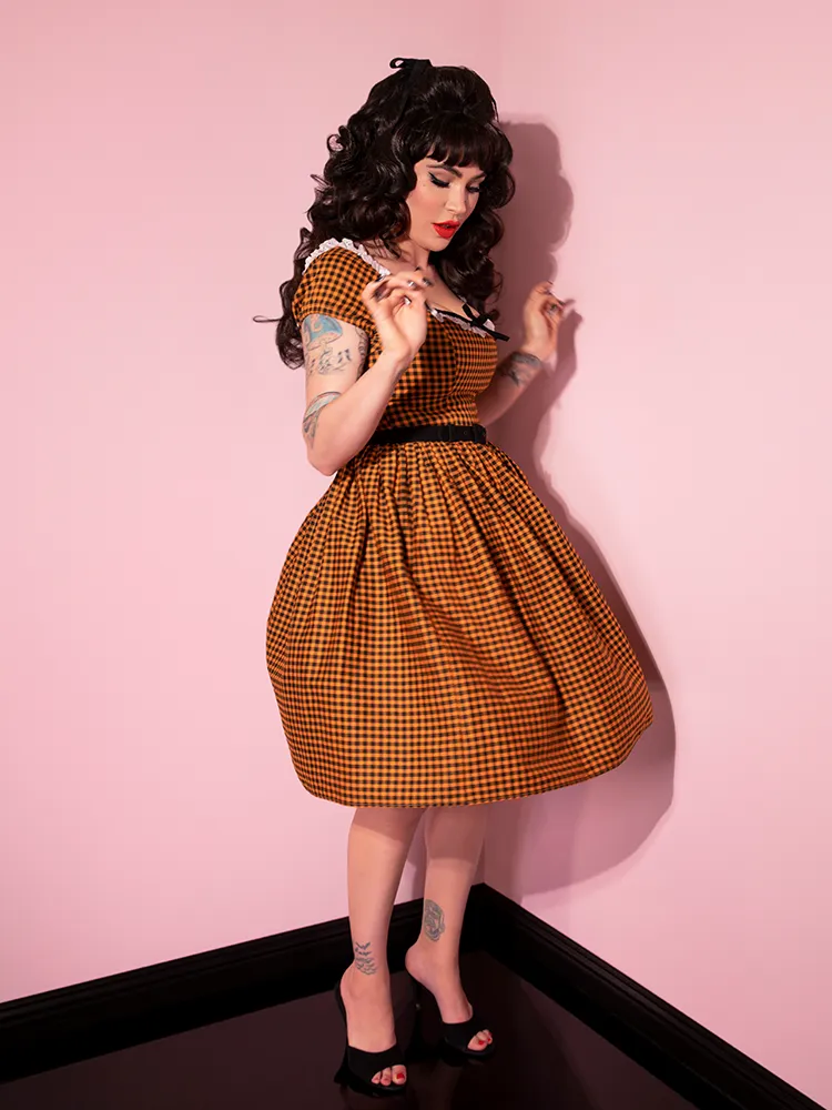 Bardot Beauty Swing Dress in Orange Pumpkin Gingham - Vixen by Micheline Pitt