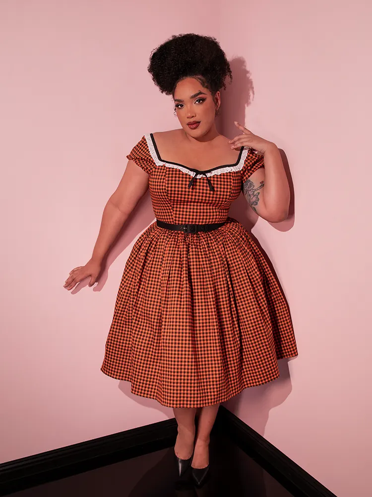 Bardot Beauty Swing Dress in Orange Pumpkin Gingham - Vixen by Micheline Pitt