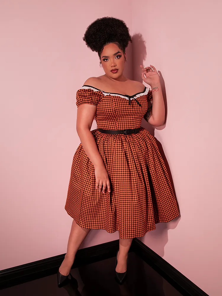 Bardot Beauty Swing Dress in Orange Pumpkin Gingham - Vixen by Micheline Pitt