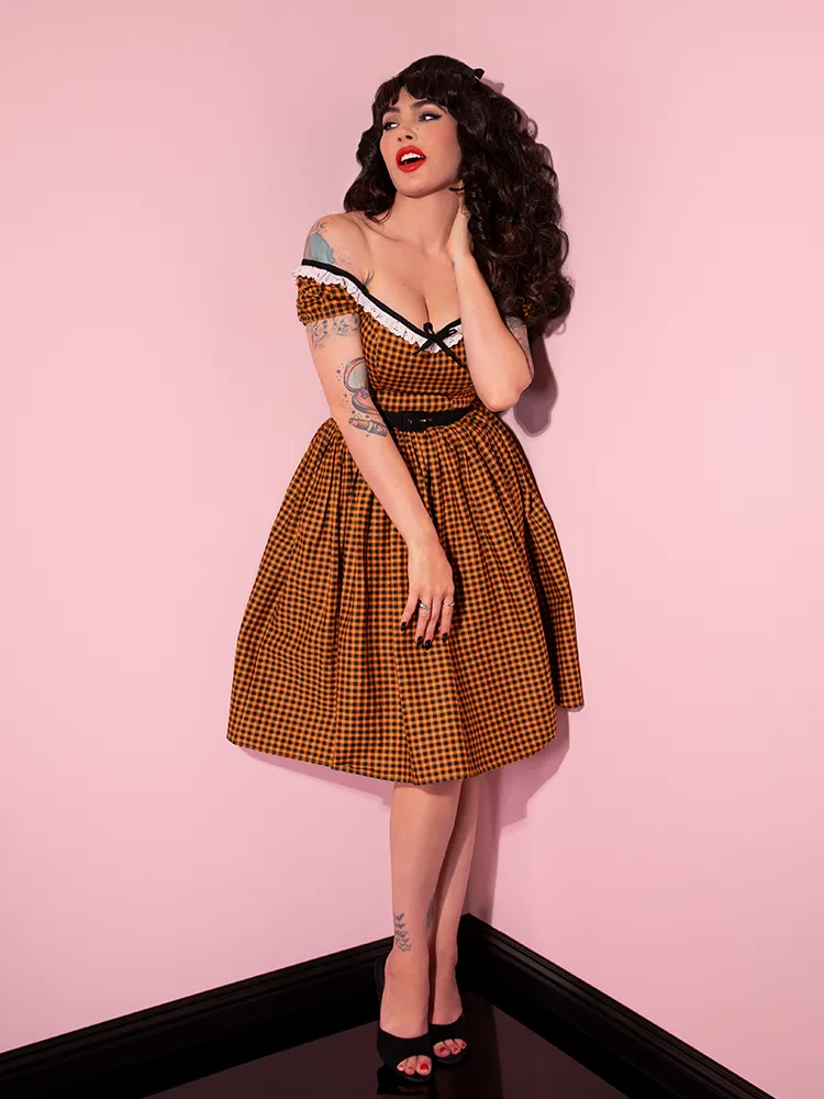 Bardot Beauty Swing Dress in Orange Pumpkin Gingham - Vixen by Micheline Pitt