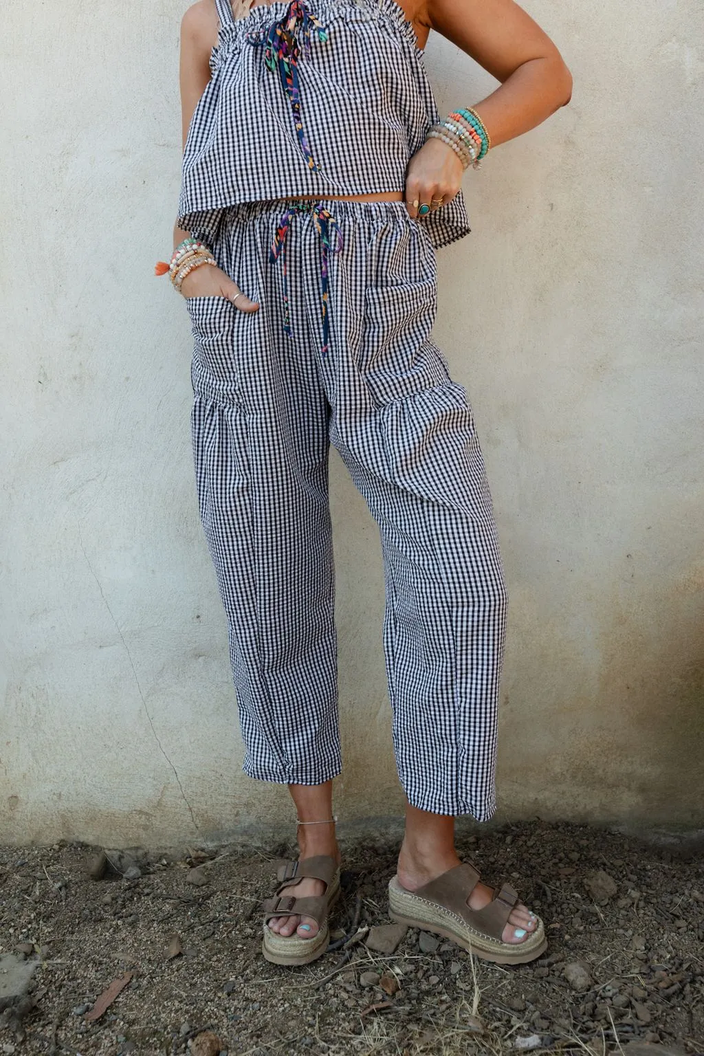 Bayside Gingham Print Pants - Black