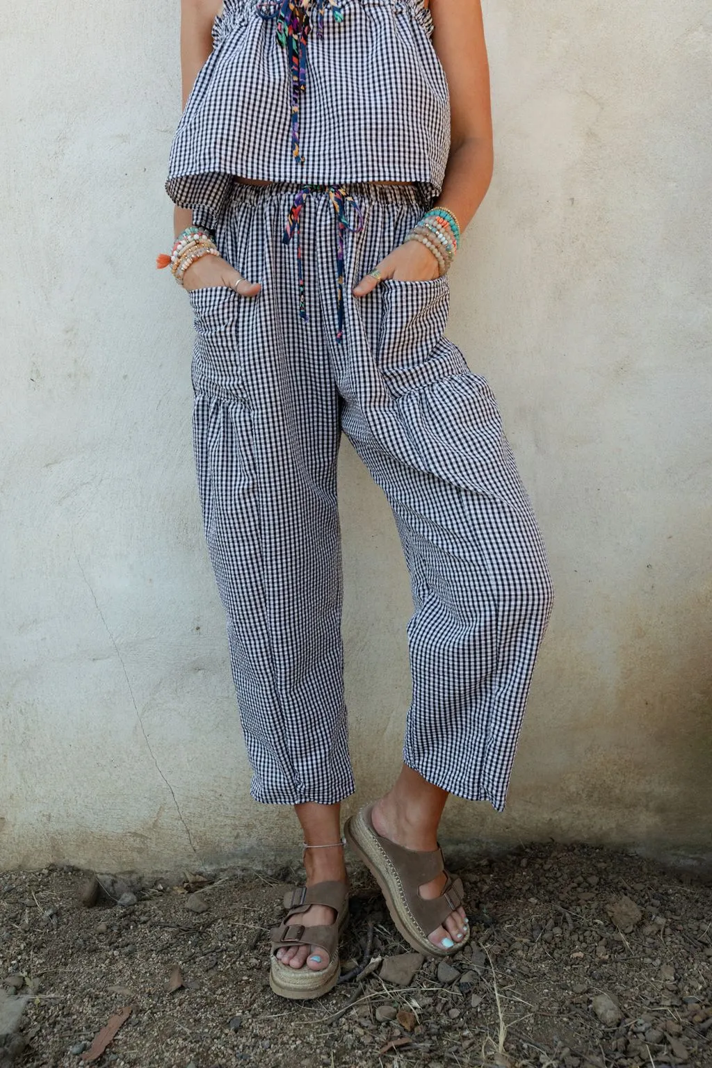 Bayside Gingham Print Pants - Black