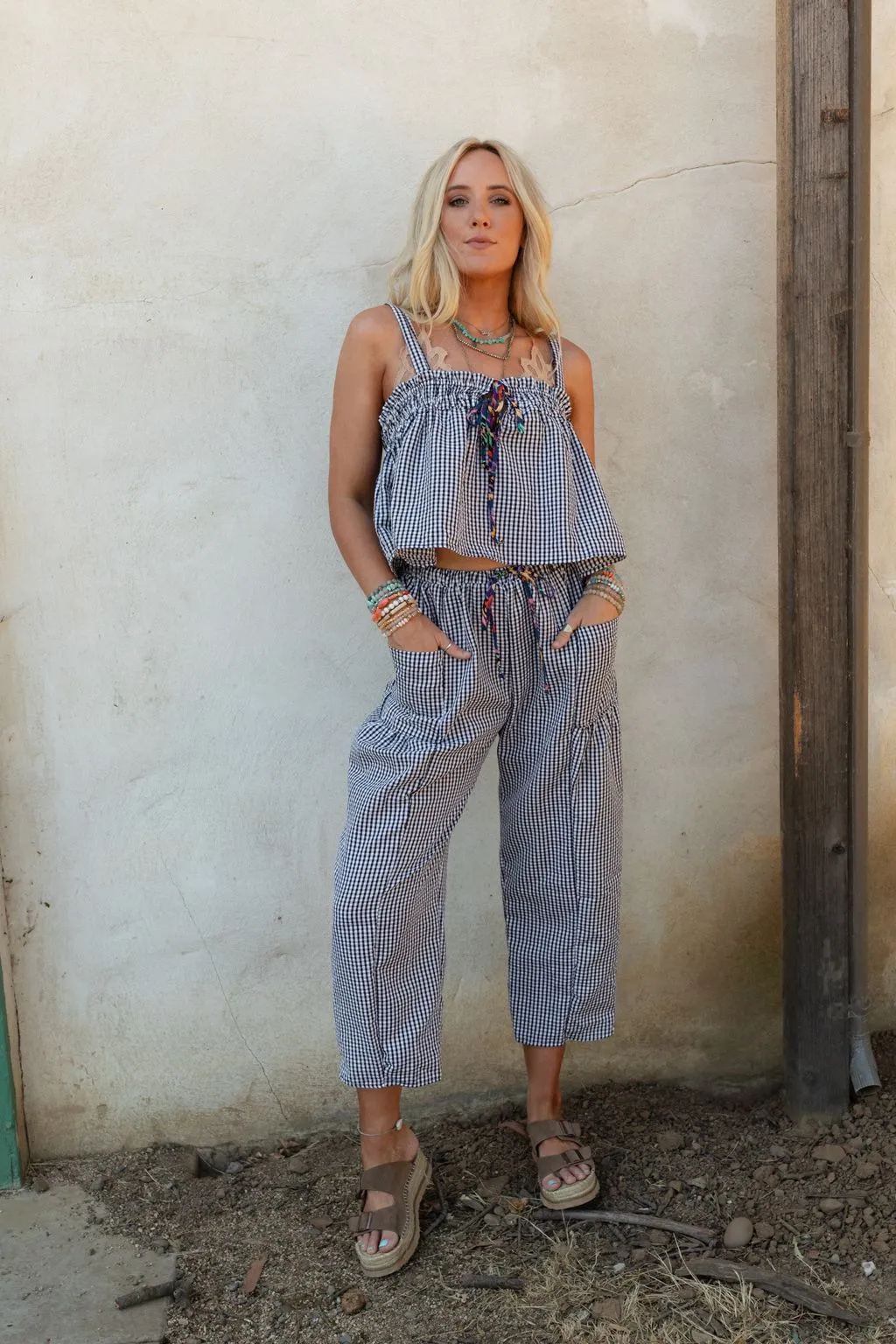Bayside Gingham Print Pants - Black