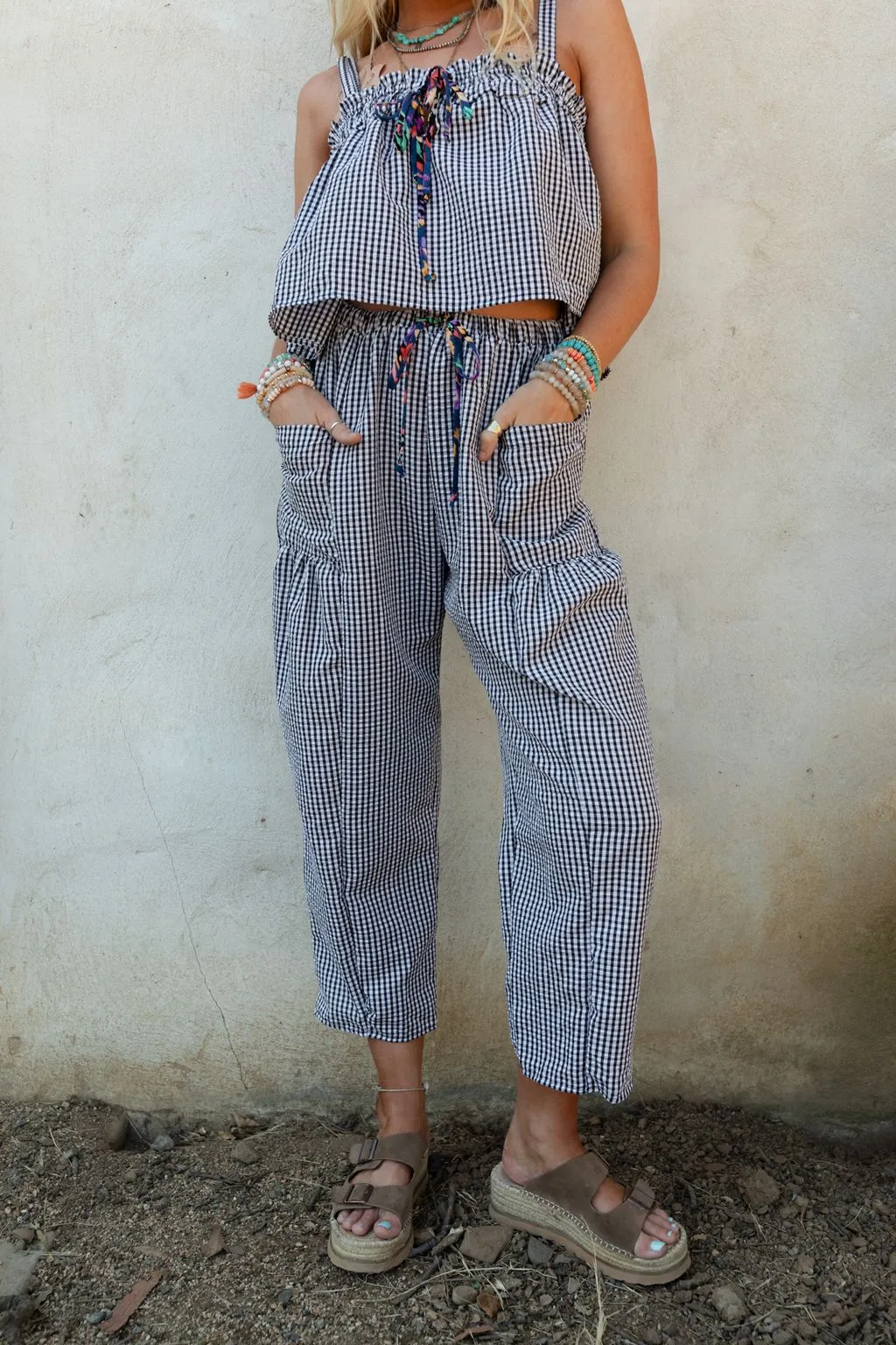 Bayside Gingham Print Pants - Black