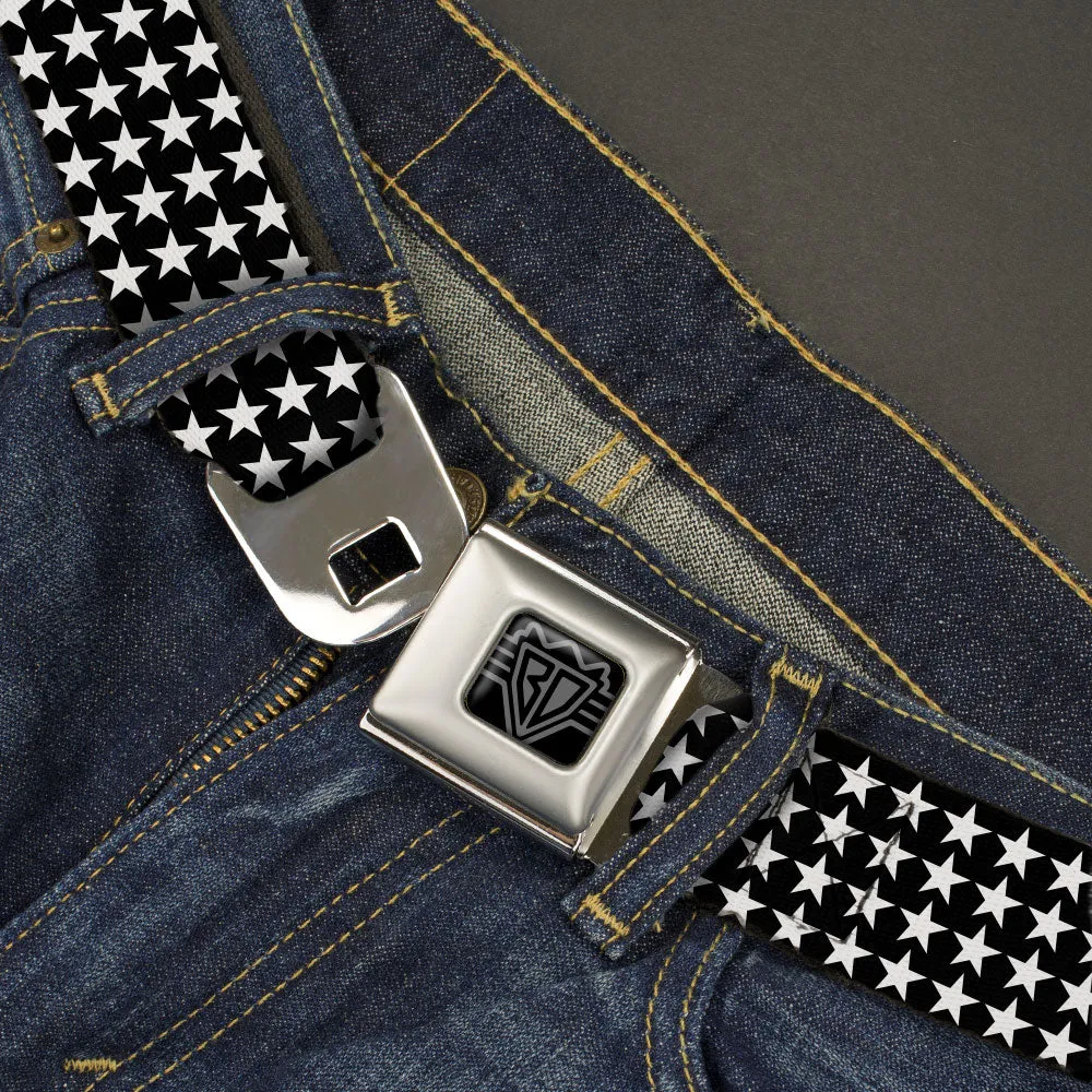 BD Wings Logo CLOSE-UP Black/Silver Seatbelt Belt - Mini Stars Outline Black/White Webbing