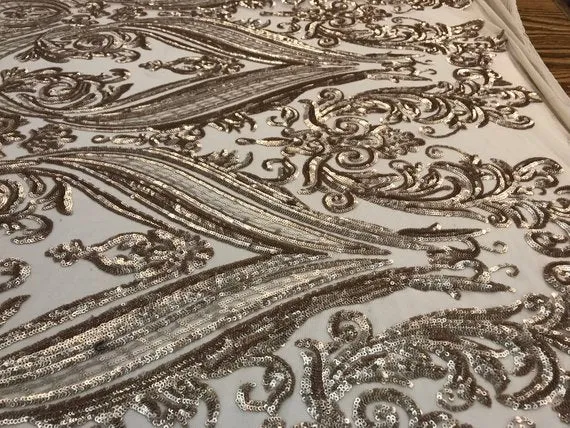 Beige Arabic Design Embroidered 4 Way Stretch Sequin Fabric Sold By The Yard