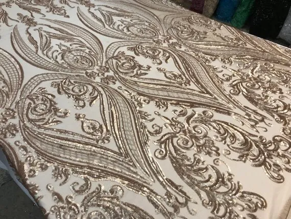 Beige Arabic Design Embroidered 4 Way Stretch Sequin Fabric Sold By The Yard