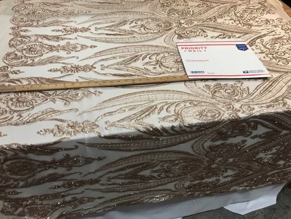 Beige Arabic Design Embroidered 4 Way Stretch Sequin Fabric Sold By The Yard