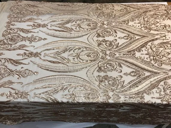 Beige Arabic Design Embroidered 4 Way Stretch Sequin Fabric Sold By The Yard