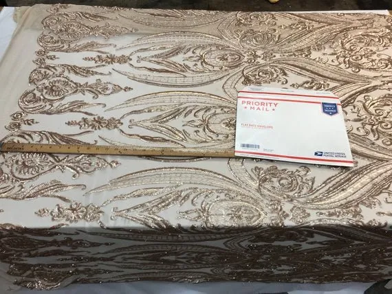 Beige Arabic Design Embroidered 4 Way Stretch Sequin Fabric Sold By The Yard