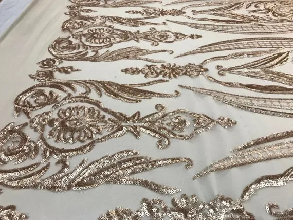 Beige Arabic Design Embroidered 4 Way Stretch Sequin Fabric Sold By The Yard