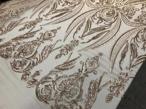 Beige Arabic Design Embroidered 4 Way Stretch Sequin Fabric Sold By The Yard