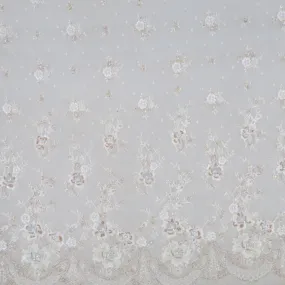 Beige Tulle with Gold Bugle Beads Sequin and Rhinestones Floral Design Embroidered Fabric