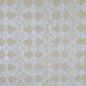 Beige Tulle with Silver and White Abstract Sequin and Rhinestone Design Embroidered Fabric