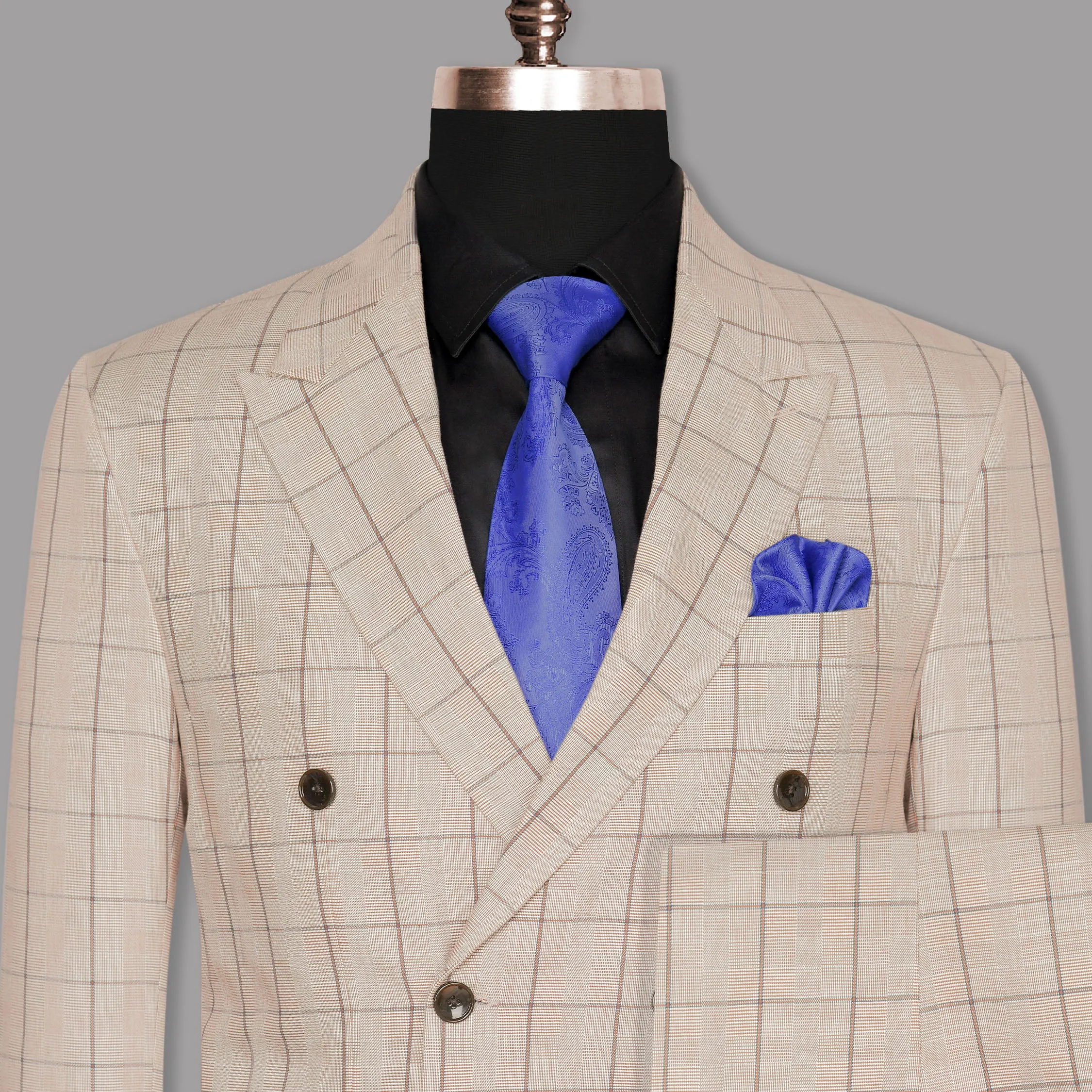 Beige Windowpane Wool Rich Double Breasted Suit