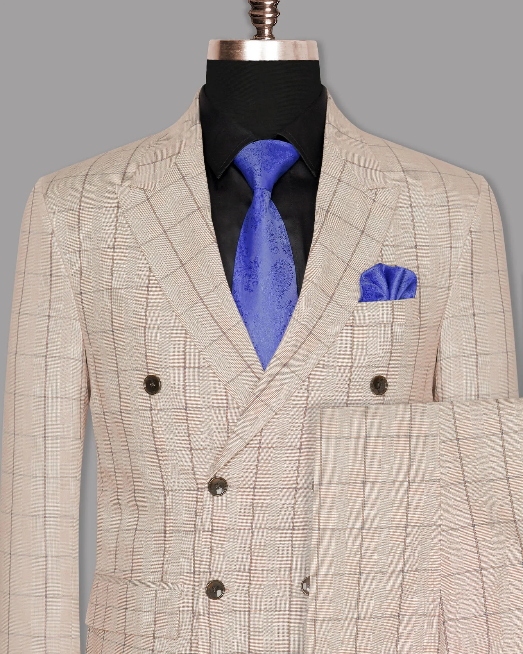Beige Windowpane Wool Rich Double Breasted Suit