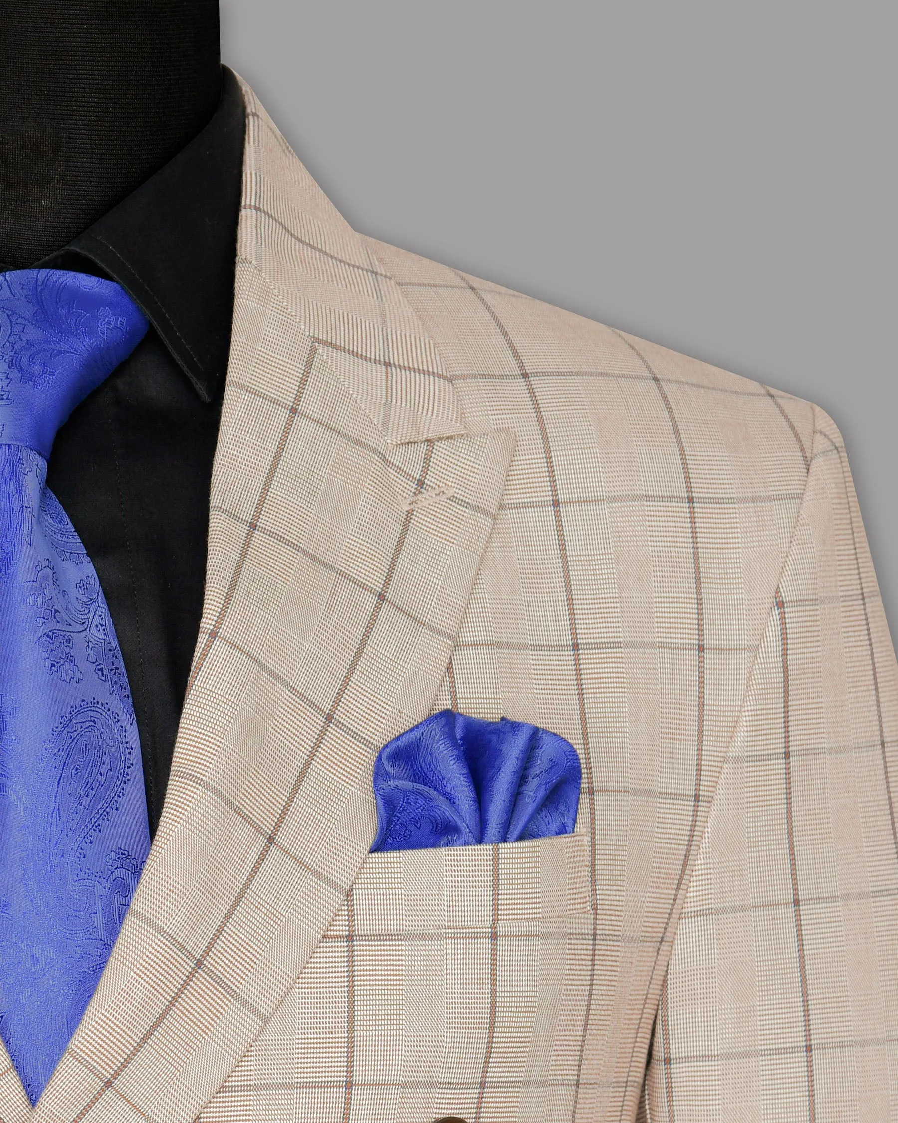 Beige Windowpane Wool Rich Double Breasted Suit