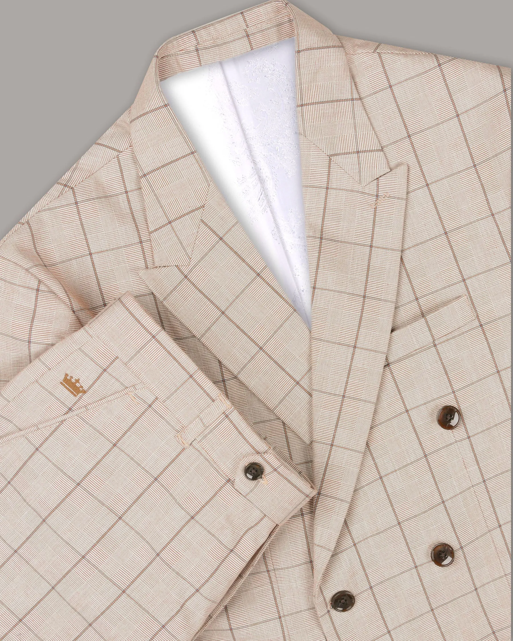 Beige Windowpane Wool Rich Double Breasted Suit
