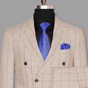 Beige Windowpane Wool Rich Double Breasted Suit