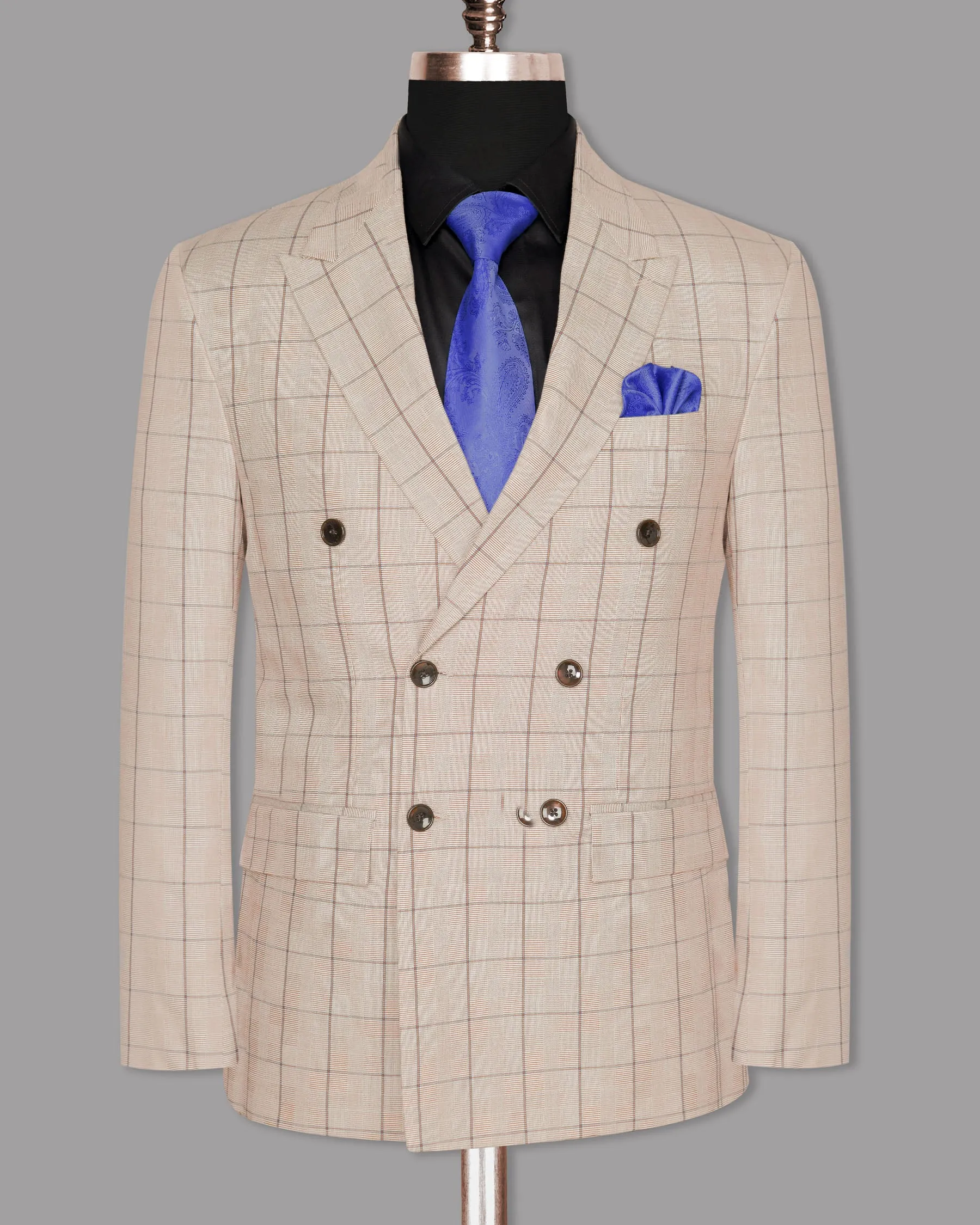 Beige Windowpane Wool Rich Double Breasted Suit