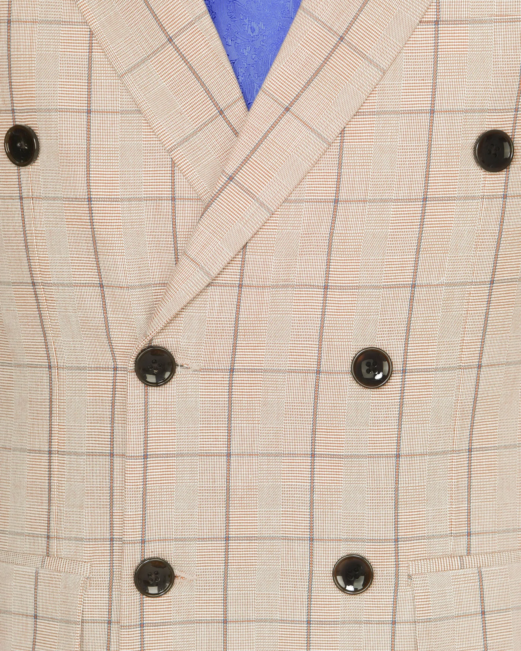 Beige Windowpane Wool Rich Double Breasted Suit