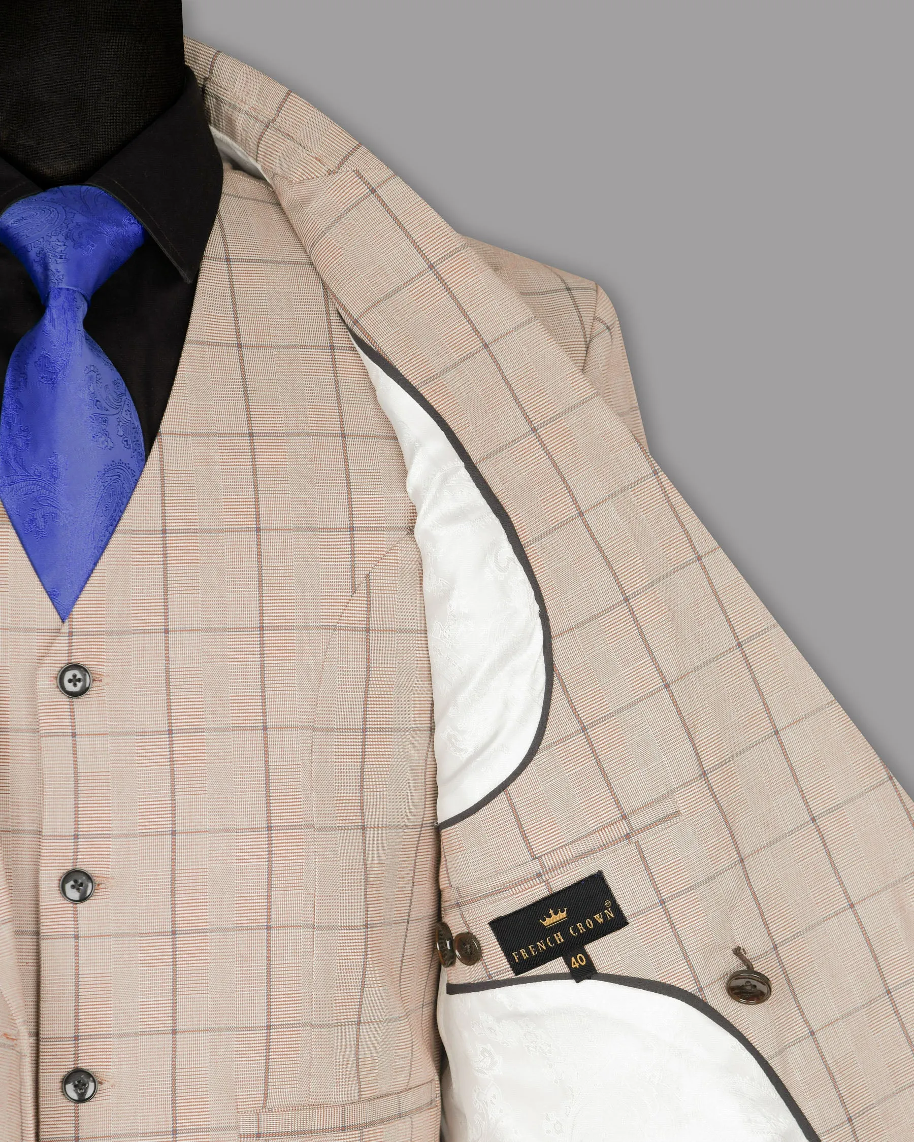 Beige Windowpane Wool Rich Double Breasted Suit
