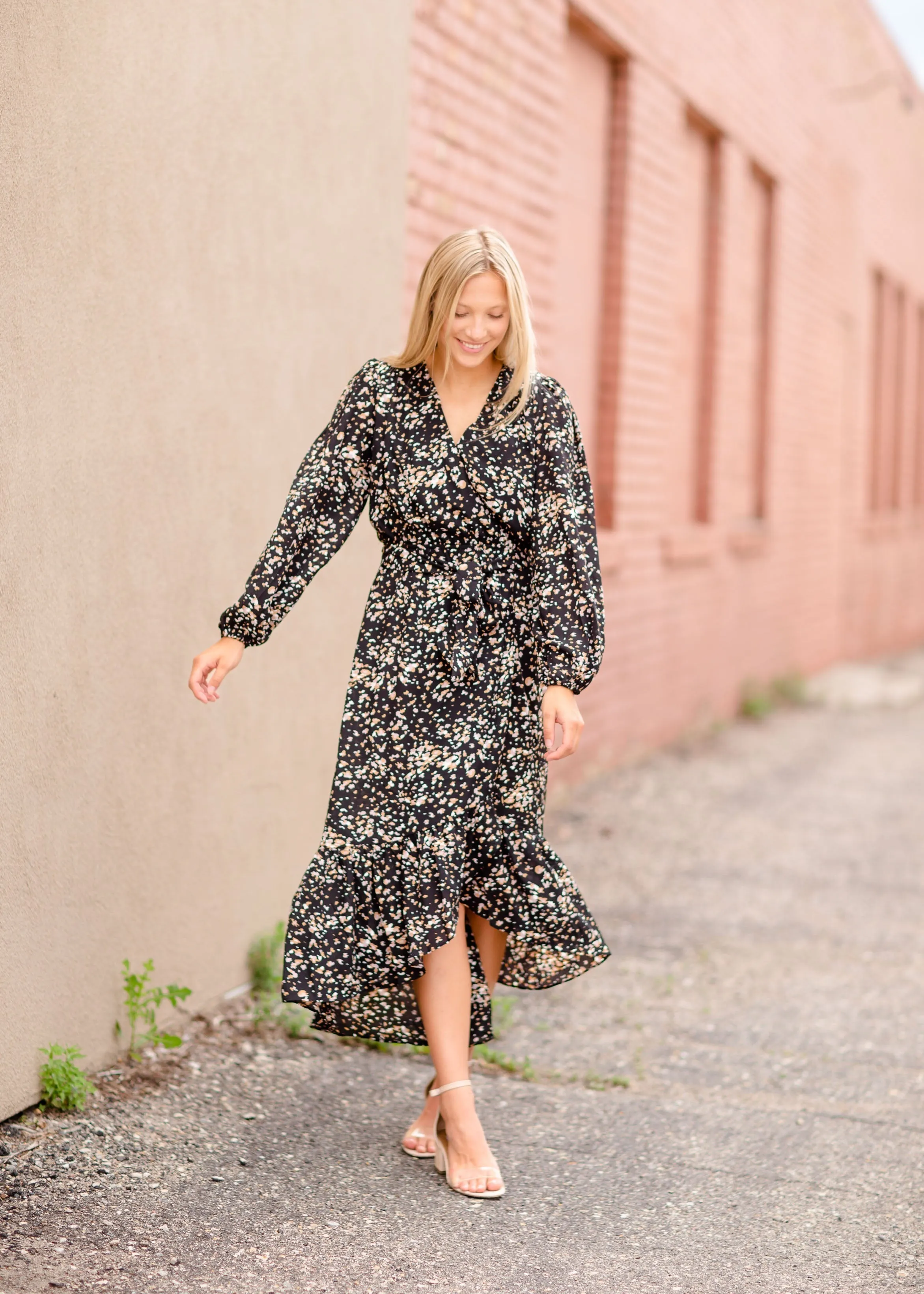 Black Cinched Waist Long Sleeve Dress - FINAL SALE
