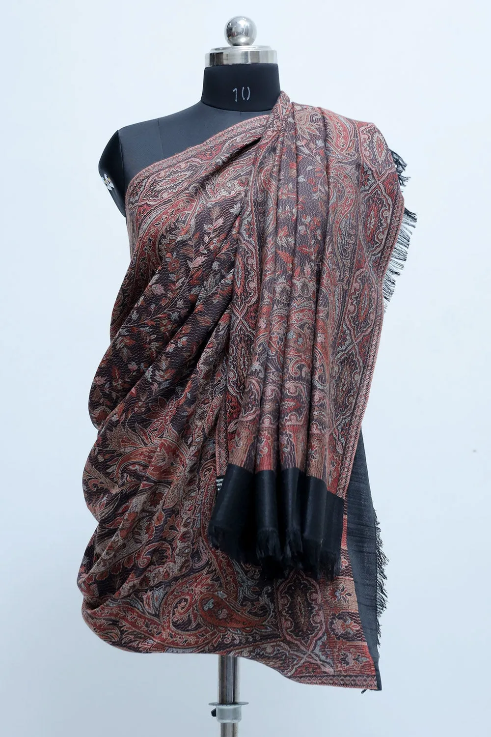 Black Colour Jamawar Shawl With Highly Defined Borders And All Over Motifs Look Elegant.