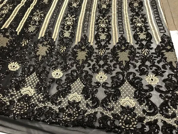 Black Fine Embroidered Sequin 4 Way Stretch Fabric For Wedding Prom Fashion Decorations Dresses