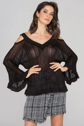 Black Sheer Knit Flare Sleeve Cold Shoulder Top