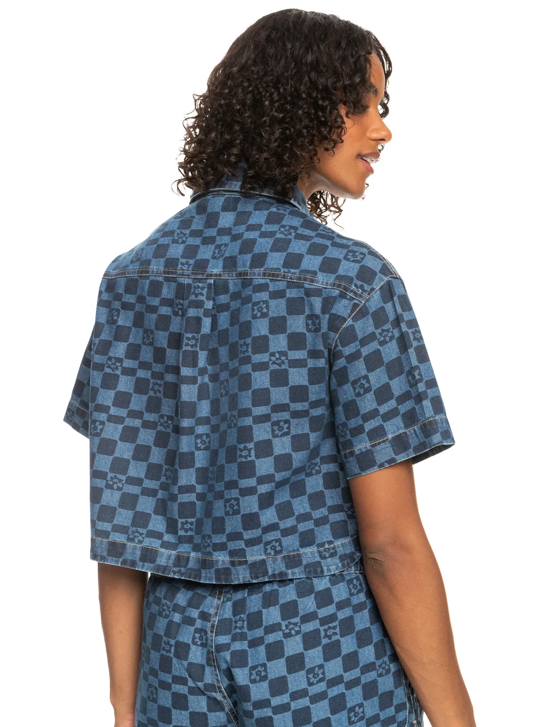 Blue Wave Club Printed Short Sleeve Crop Denim Shirt - Mood Indigo Sol Power