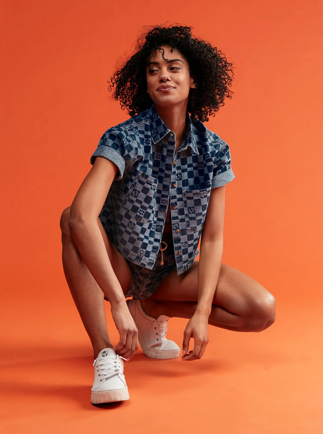 Blue Wave Club Printed Short Sleeve Crop Denim Shirt - Mood Indigo Sol Power