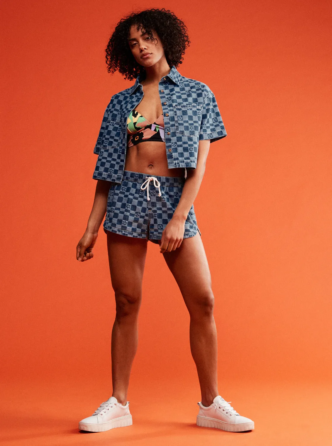 Blue Wave Club Printed Short Sleeve Crop Denim Shirt - Mood Indigo Sol Power