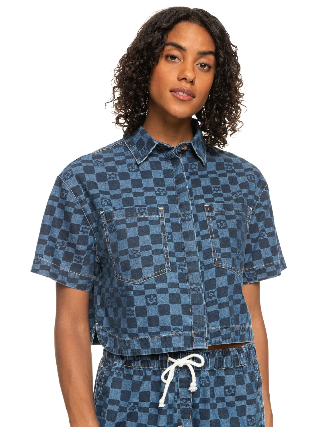 Blue Wave Club Printed Short Sleeve Crop Denim Shirt - Mood Indigo Sol Power