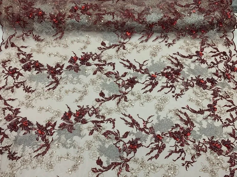 Burgundy Ivory and Silver Sequin Floral Bridal Fabric/ Beaded Fabric/ 3D Lace Fabric