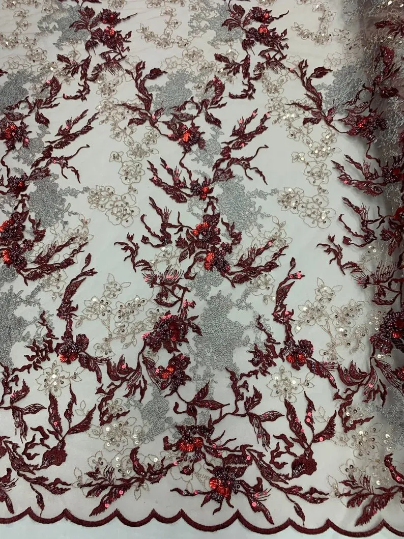 Burgundy Ivory and Silver Sequin Floral Bridal Fabric/ Beaded Fabric/ 3D Lace Fabric