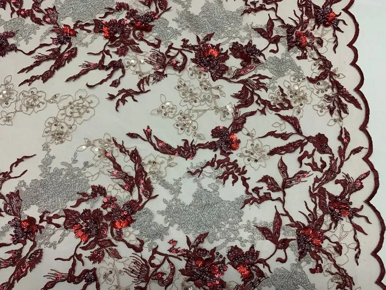 Burgundy Ivory and Silver Sequin Floral Bridal Fabric/ Beaded Fabric/ 3D Lace Fabric