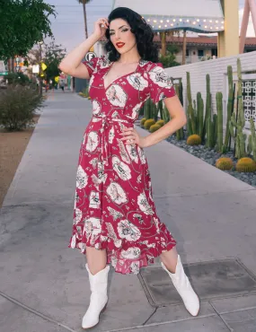 Burgundy Western Print Hi Low Ruffle Maxi Wrap Dress