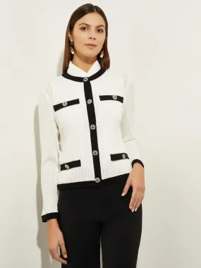 Button Detail Eyeleted Recycled Knit Jacket, White & Black