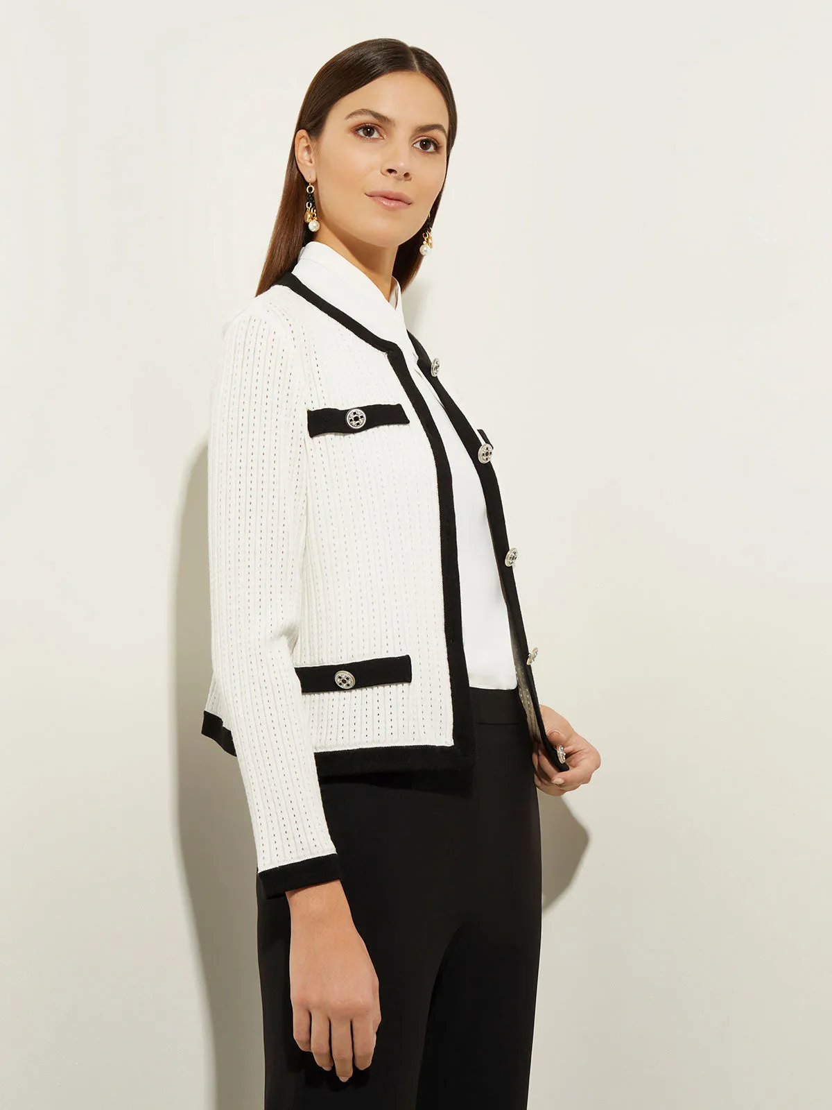 Button Detail Eyeleted Recycled Knit Jacket, White & Black