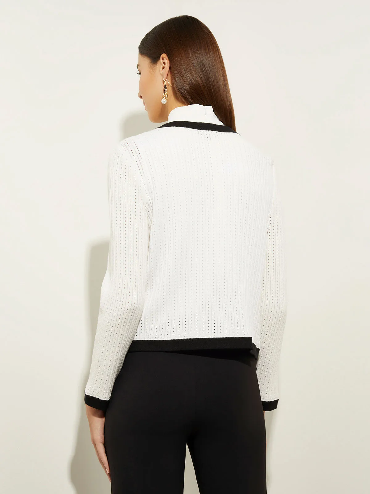 Button Detail Eyeleted Recycled Knit Jacket, White & Black