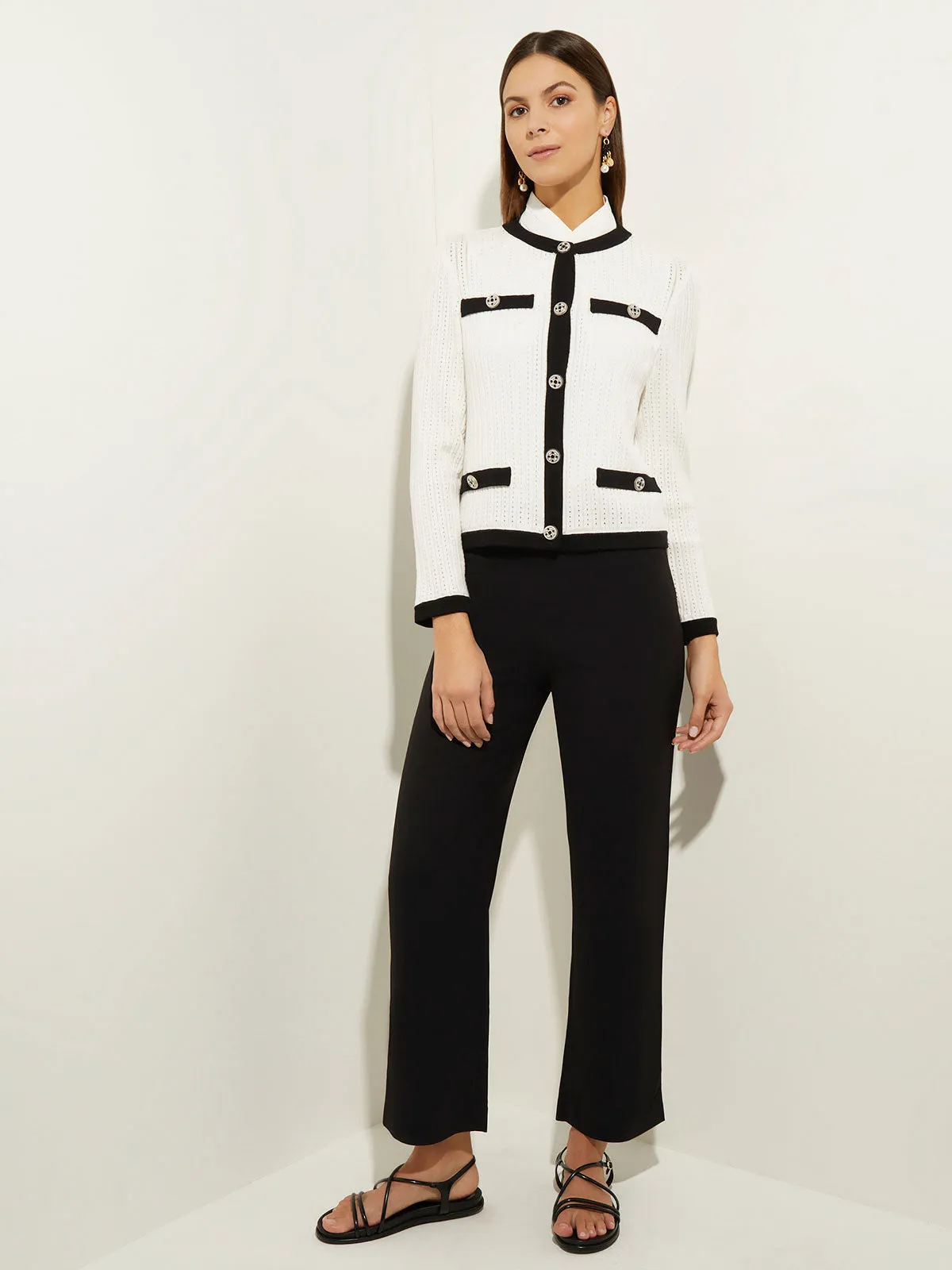 Button Detail Eyeleted Recycled Knit Jacket, White & Black