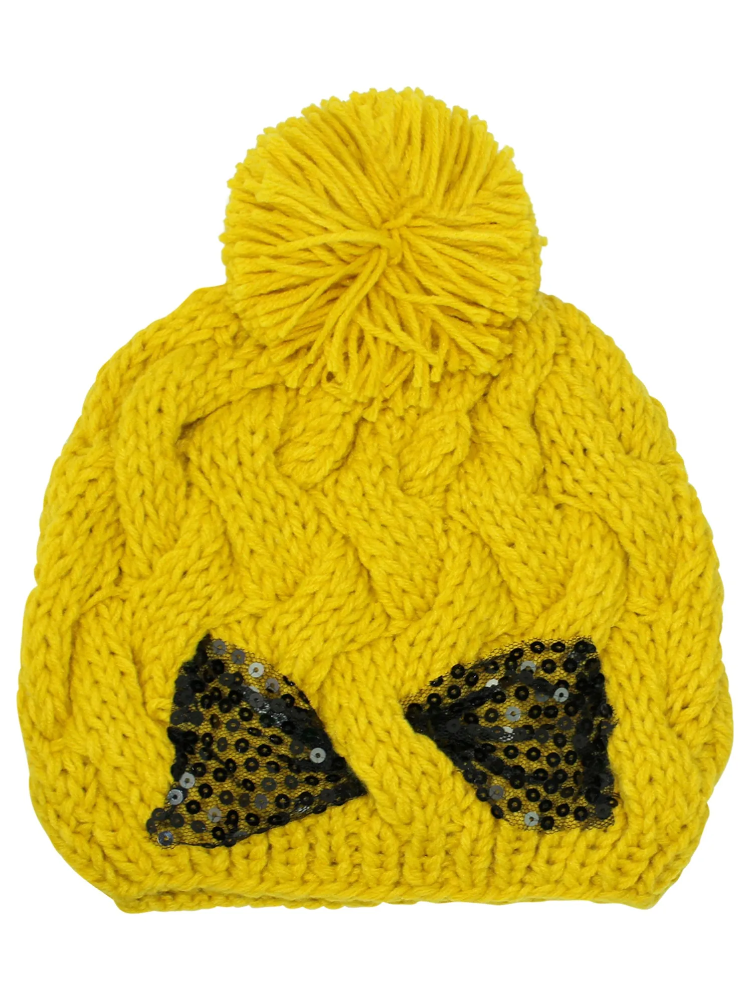 Cable Knit Beanie Cap With Sequin Bow