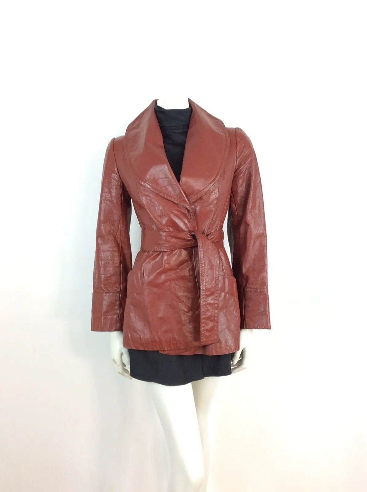 CLASSIC TRUE VINTAGE 60s 70s  BROWN BURGUNDY WINE LEATHER WRAP JACKET 8 10 12