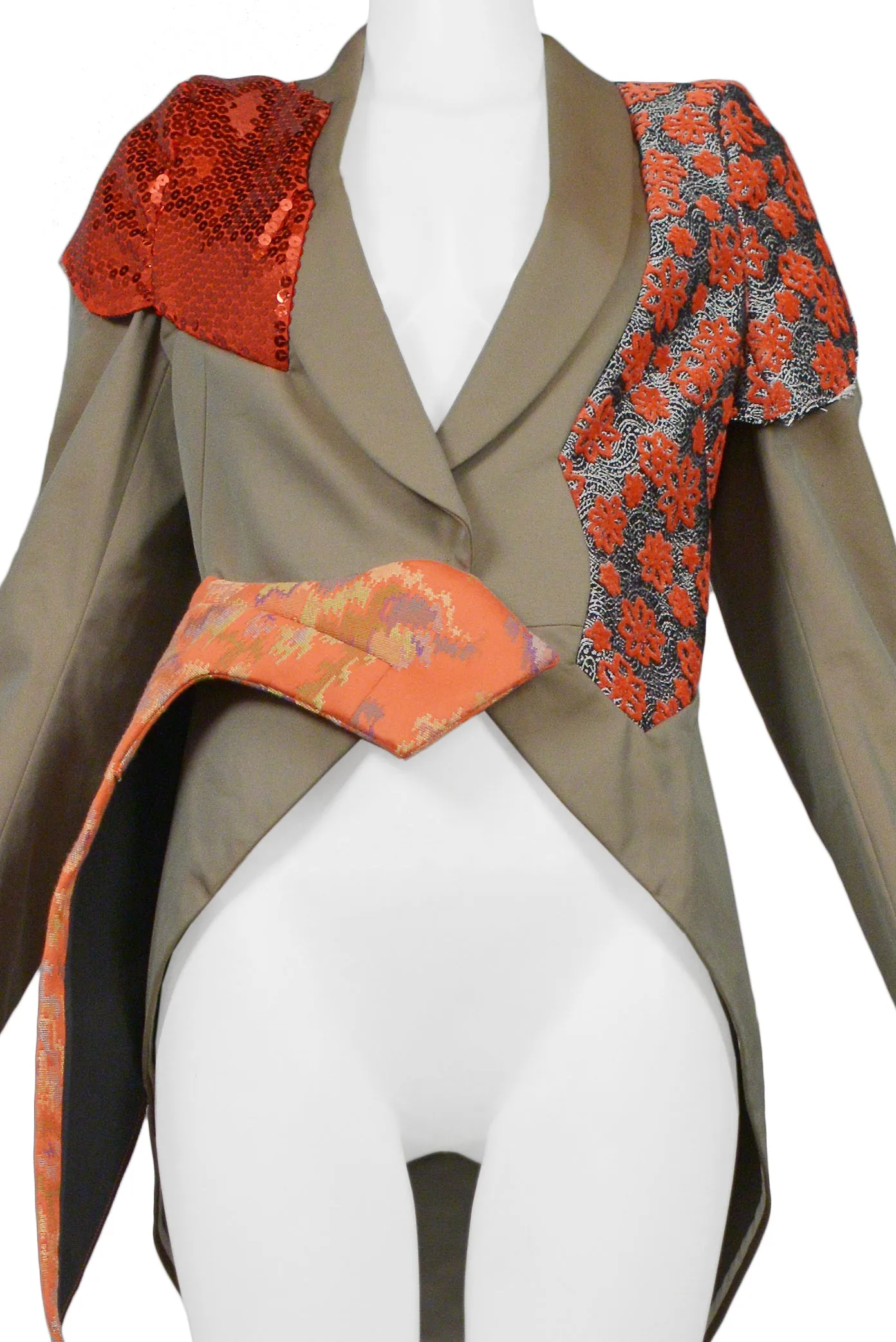 COMME DES GARCONS OLIVE JACKET WITH RED SEQUINS & BROCADE 2010
