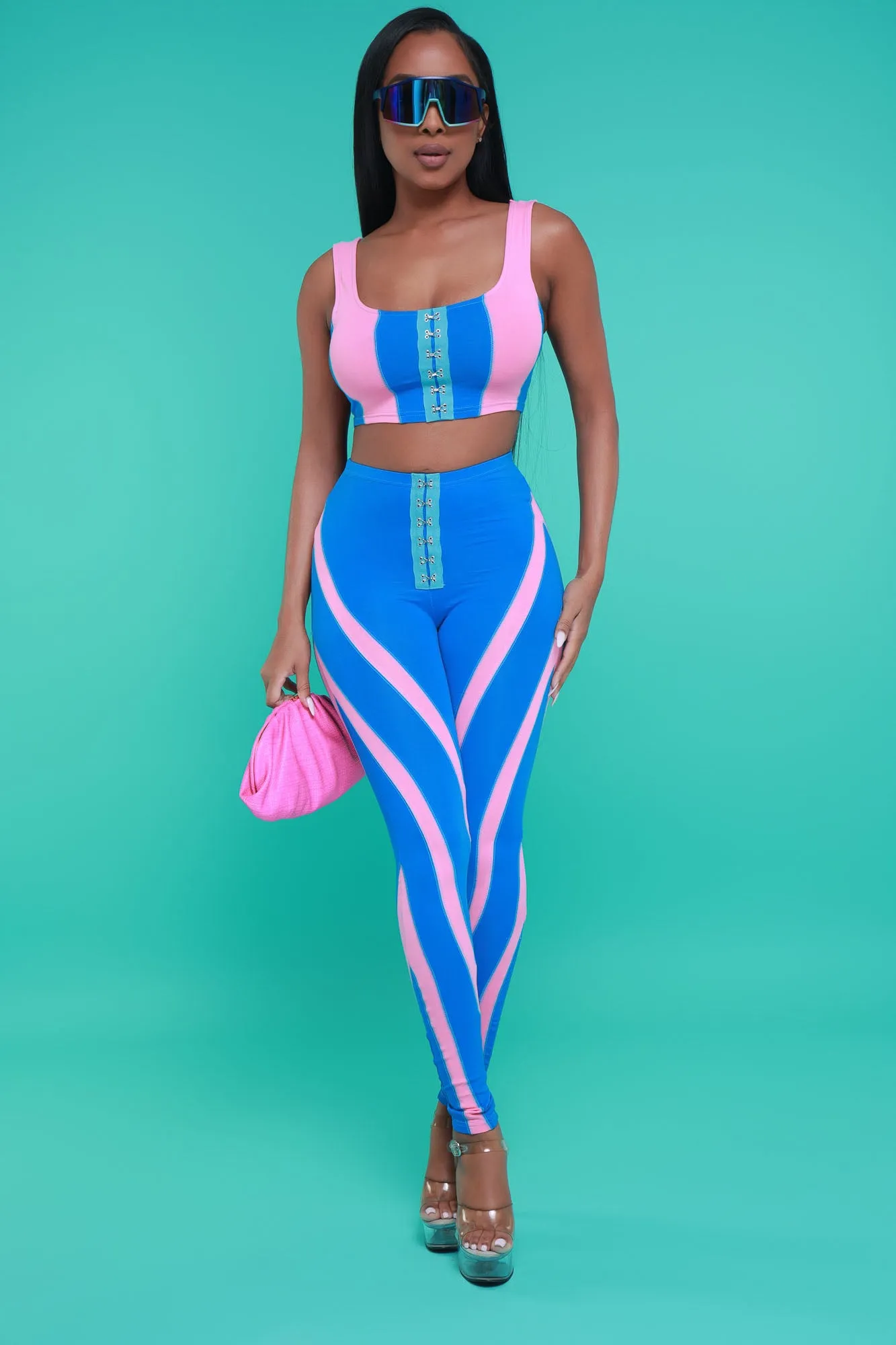 Crawling Back Cropped Color Block Pants Set - Blue/Coral