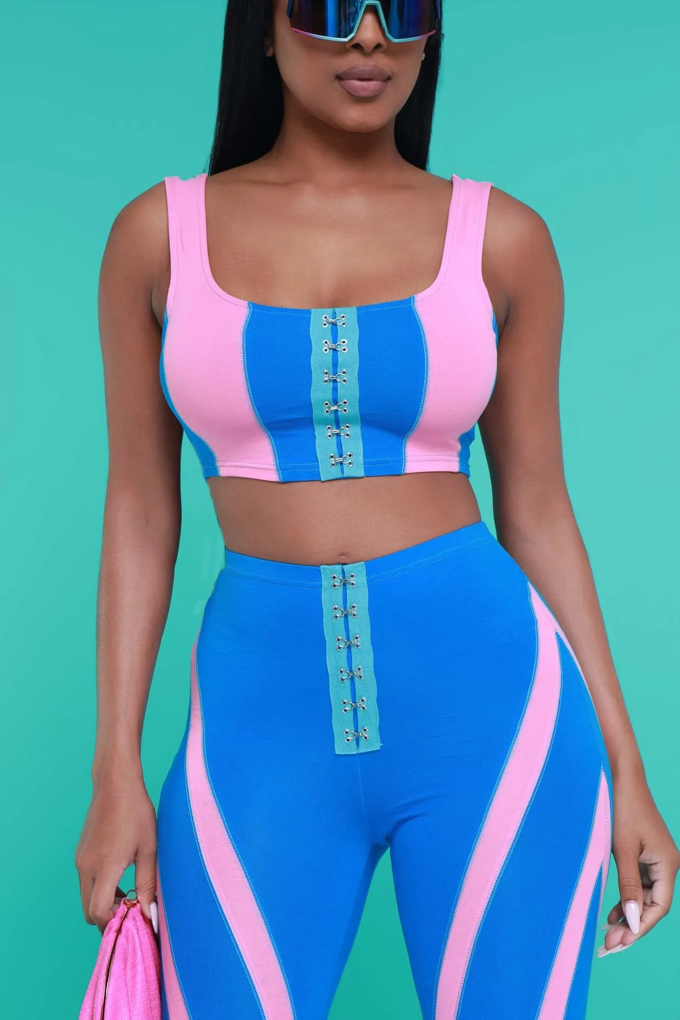 Crawling Back Cropped Color Block Pants Set - Blue/Coral