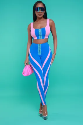 Crawling Back Cropped Color Block Pants Set - Blue/Coral
